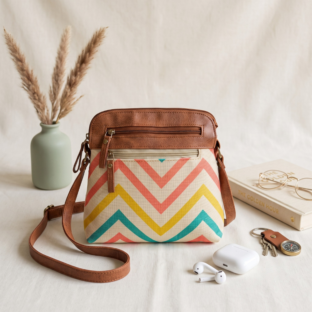 Jute Multi-zipper Sling Bag For Women - Wave - Surovi Bags