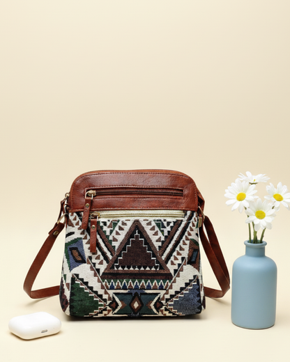Jacquard Multi-zipper Sling Bag For Women - Green Tribal Weave