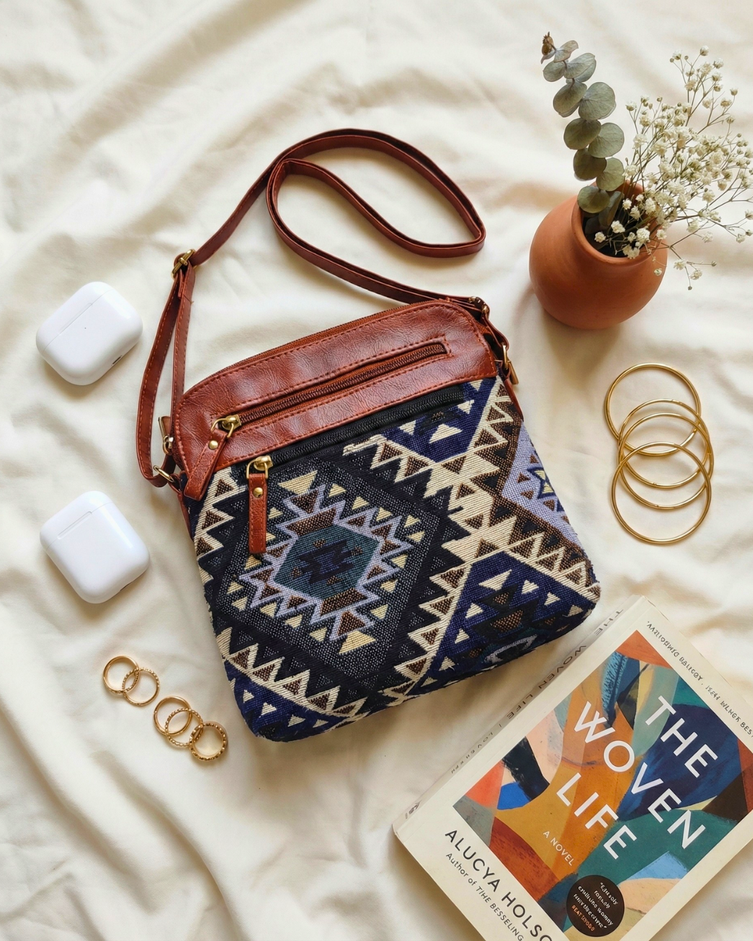 Jacquard Multi-zipper Sling Bag For Women - Navy Blue Tribal