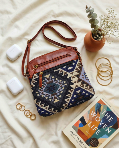 Jacquard Multi-zipper Sling Bag For Women - Navy Blue Tribal