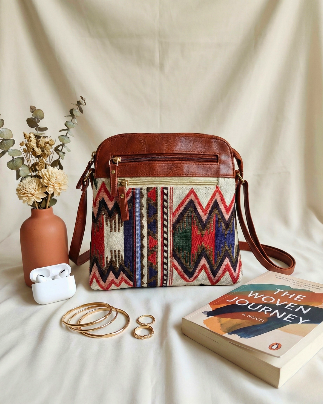 Jacquard Multi-zipper Sling Bag For Women - Tribal Weave