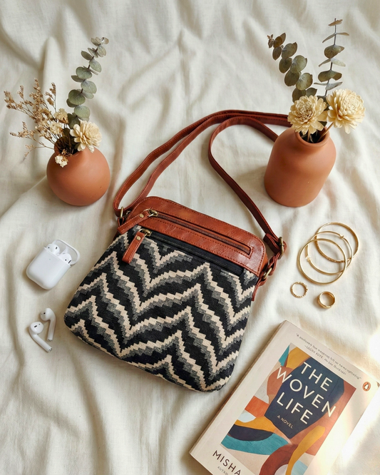 Jacquard Multi-zipper Sling Bag For Women - Lehar