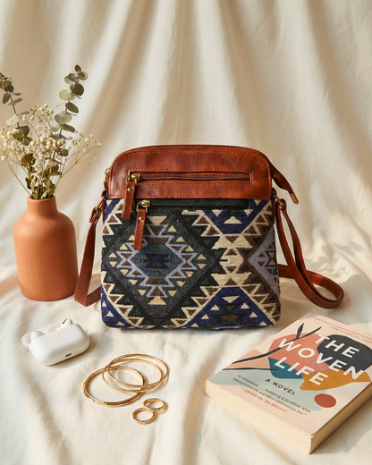 Jacquard Multi-zipper Sling Bag For Women - Navy Blue Tribal