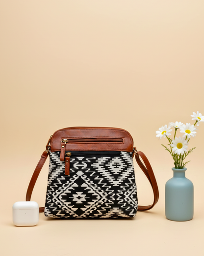 Jacquard Multi-zipper Sling Bag For Women - Black Tribal Weave