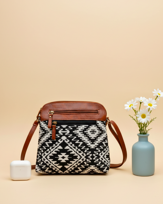 Jacquard Multi-zipper Sling Bag For Women - Black Tribal Weave