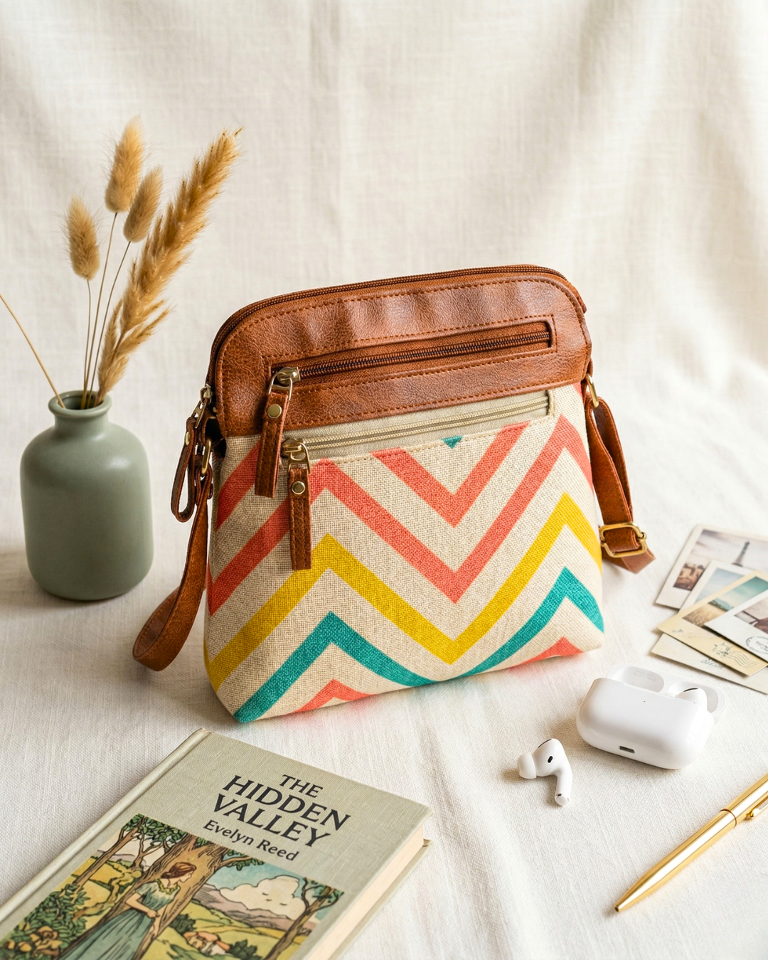 Jute Multi-zipper Sling Bag For Women - Wave - Surovi Bags