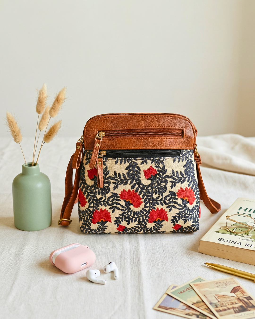 Jute Multi-zipper Sling Bag For Women - Red Flower - Surovi Bags