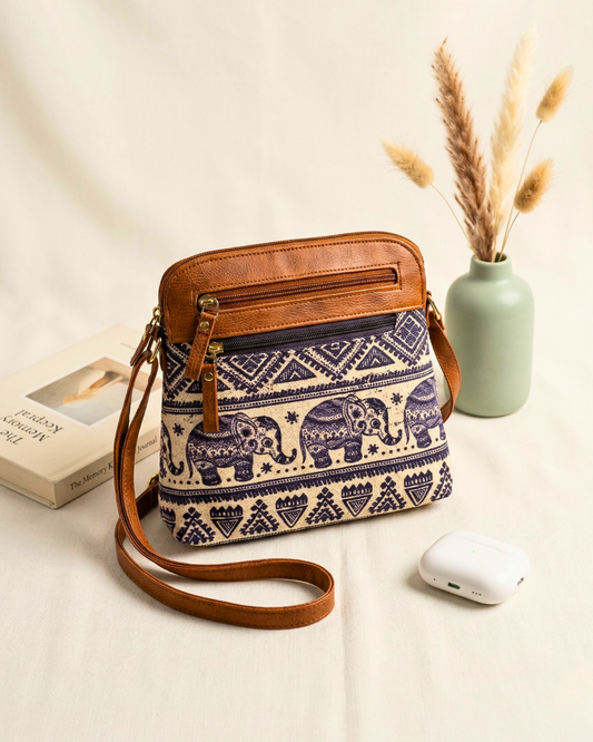 Jute Multi-zipper Sling Bag For Women - Elephant - Surovi Bags