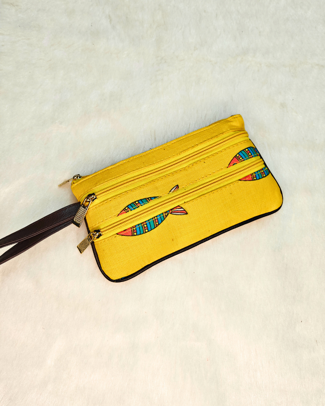 Multi Zipper Mobile Pouch For Women - Yellow