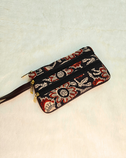 Multi Zipper Mobile Pouch For Women - Black Floral