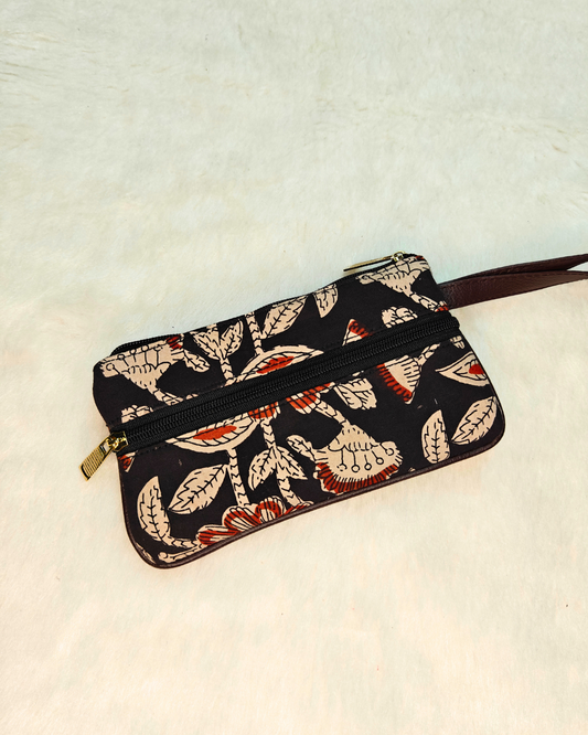 Multi Zipper Mobile Pouch For Women - Black Floral