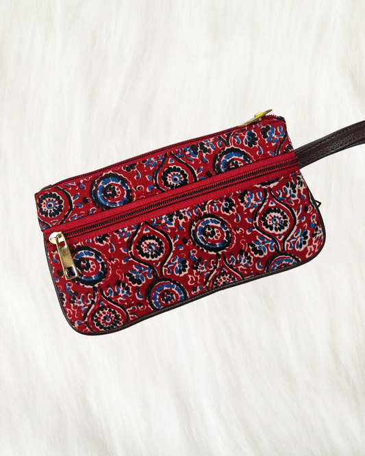 Multi Zipper Mobile Pouch For Women - Red Kalamkari