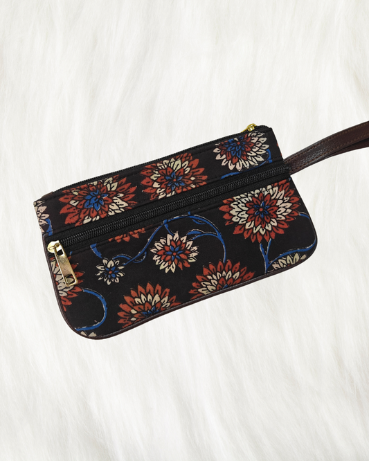 Multi Zipper Mobile Pouch For Women - Black Floral