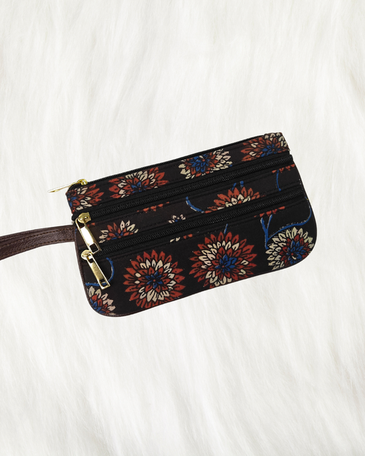 Multi Zipper Mobile Pouch For Women - Black Floral