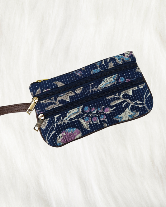 Multi Zipper Mobile Pouch For Women - Blue Khatha Design
