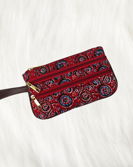 Multi Zipper Mobile Pouch For Women - Red Kalamkari