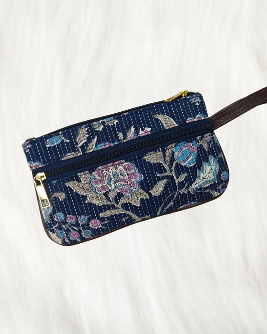 Multi Zipper Mobile Pouch For Women - Blue Khatha Design