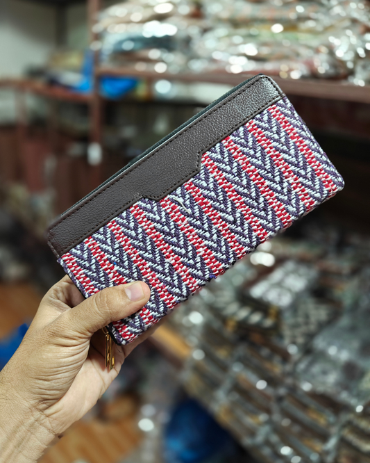 Double Zip Jacquard Wallet for Secure and Organized Storage - Blue Tribal Weave