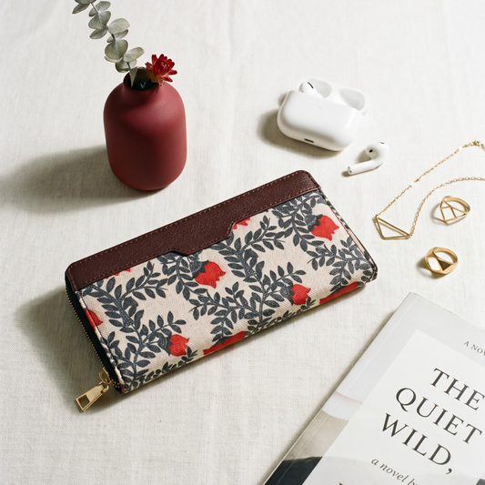 Double Zip Wallet for Secure and Organized Storage - Red Floral - Surovi Bags