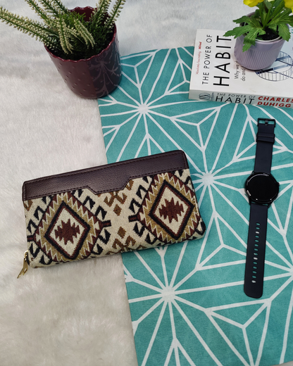 Double Zip Jacquard Wallet for Secure and Organized Storage - Cream