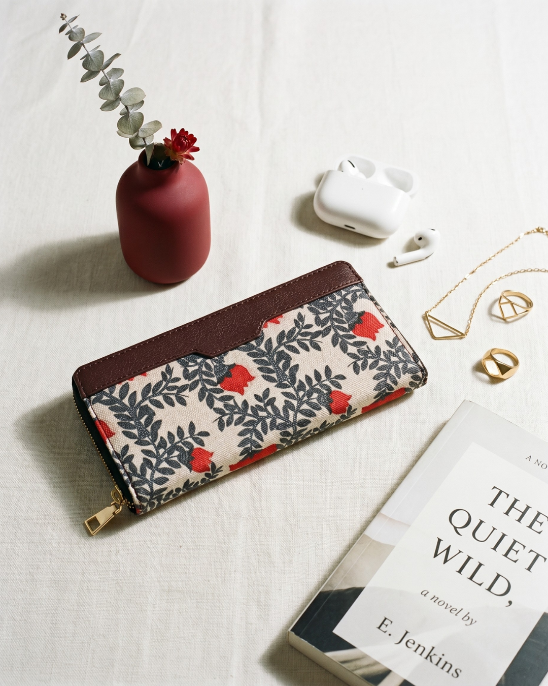 Double Zip Wallet for Secure and Organized Storage - Red Floral - Surovi Bags