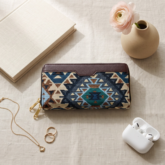 Double Zip Jacquard Wallet for Secure and Organized Storage - Blue Weave