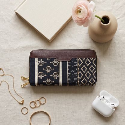 Double Zip Jacquard Wallet for Secure and Organized Storage - Blue Weave - Surovi Bags