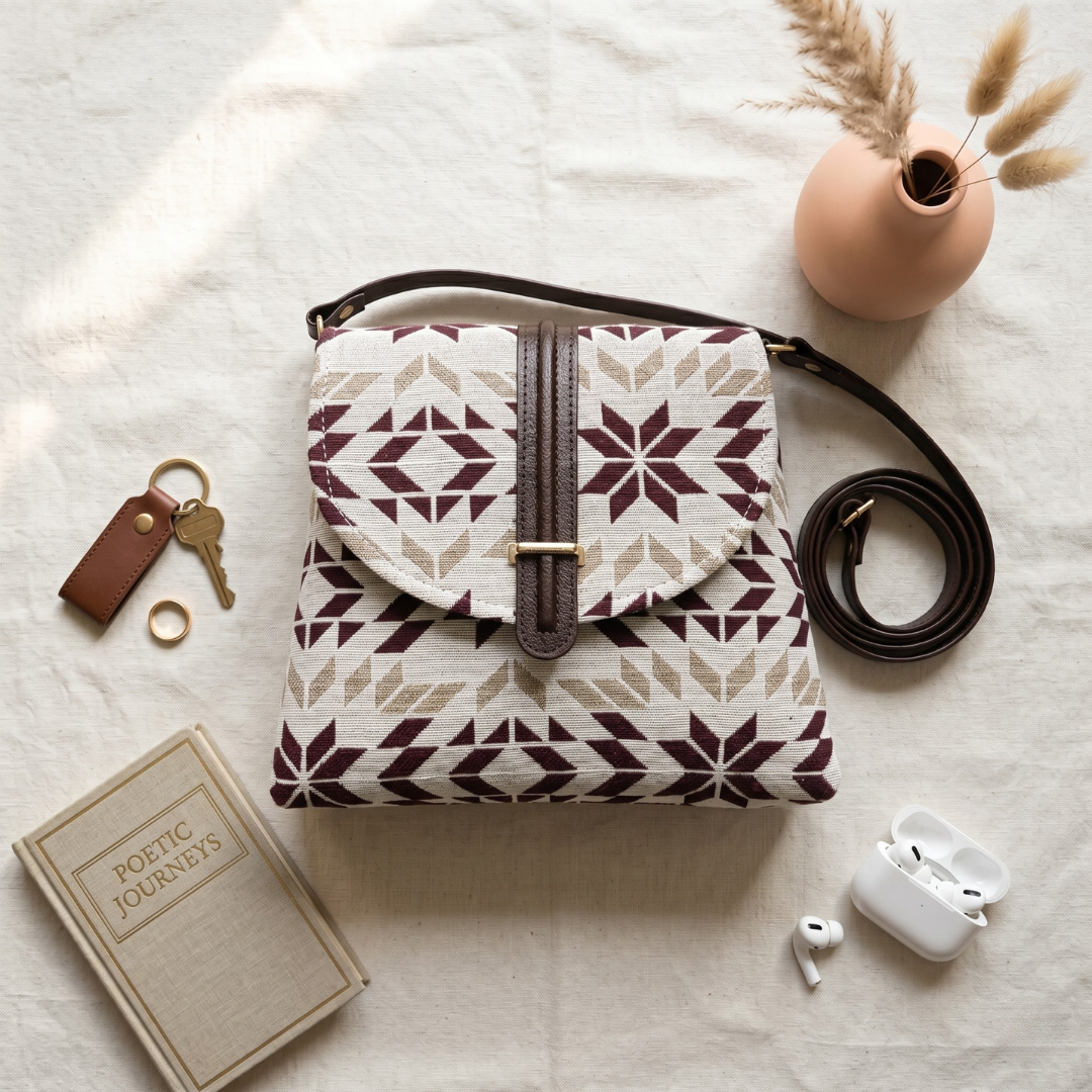 Jacquard Flap Sling Bag 2.0 -  Offwhite Weave - Surovi Bags