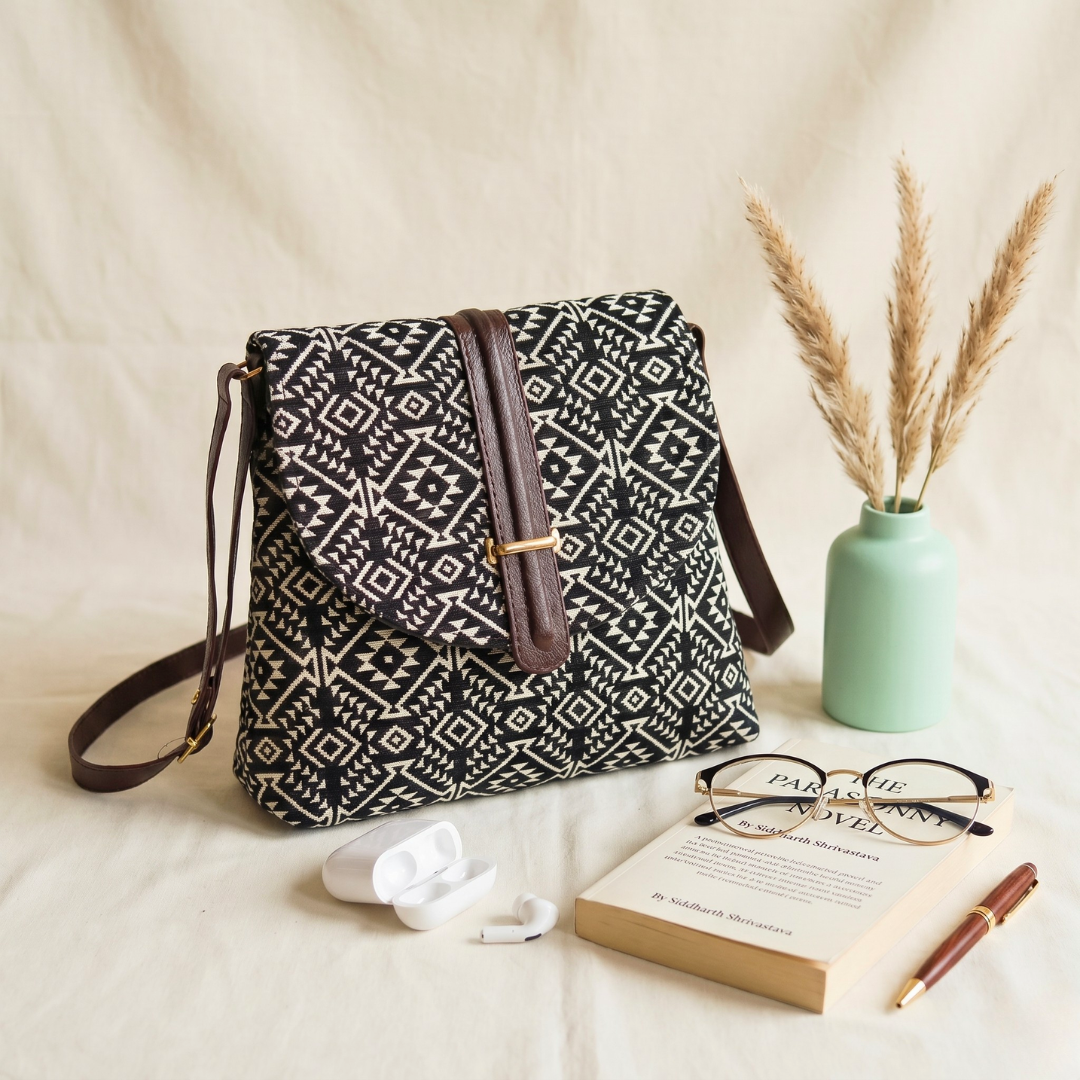 Jacquard Flap Sling Bag 2.0 - Black Weave - Surovi Bags
