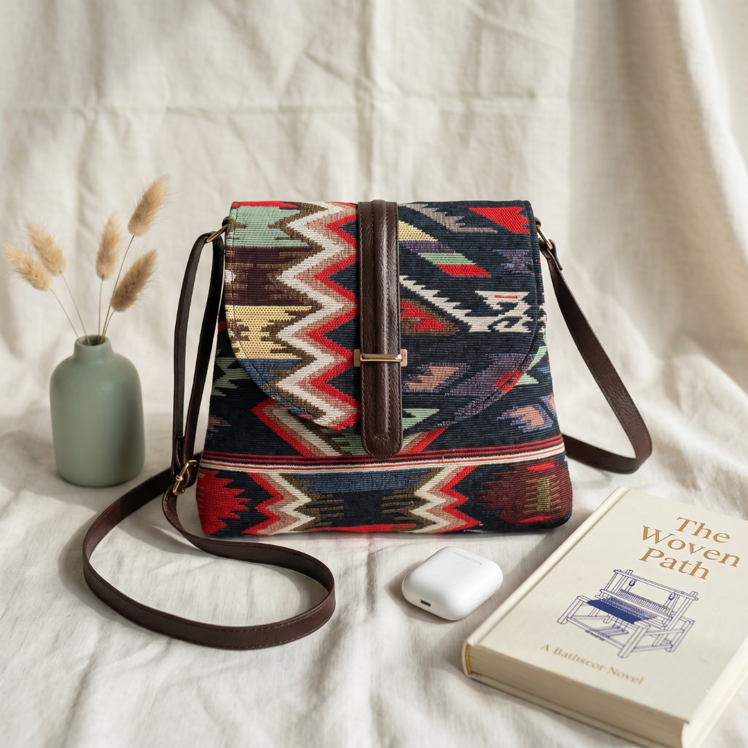 Jacquard Flap Sling Bag 2.0 - Black Tribal Weave - Surovi Bags