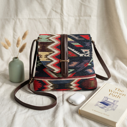 Jacquard Flap Sling Bag 2.0 - Black Tribal Weave - Surovi Bags