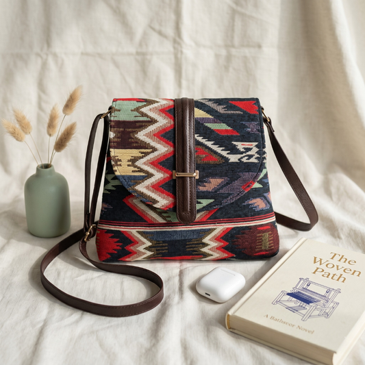 Jacquard Flap Sling Bag 2.0 - Black Tribal Weave - Surovi Bags