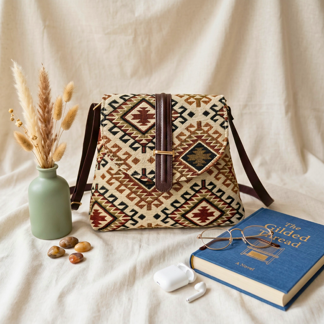 Jacquard Flap Sling Bag 2.0 - Beige Weave - Surovi Bags