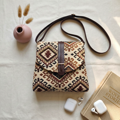 Jacquard Flap Sling Bag 2.0 - Beige Weave - Surovi Bags