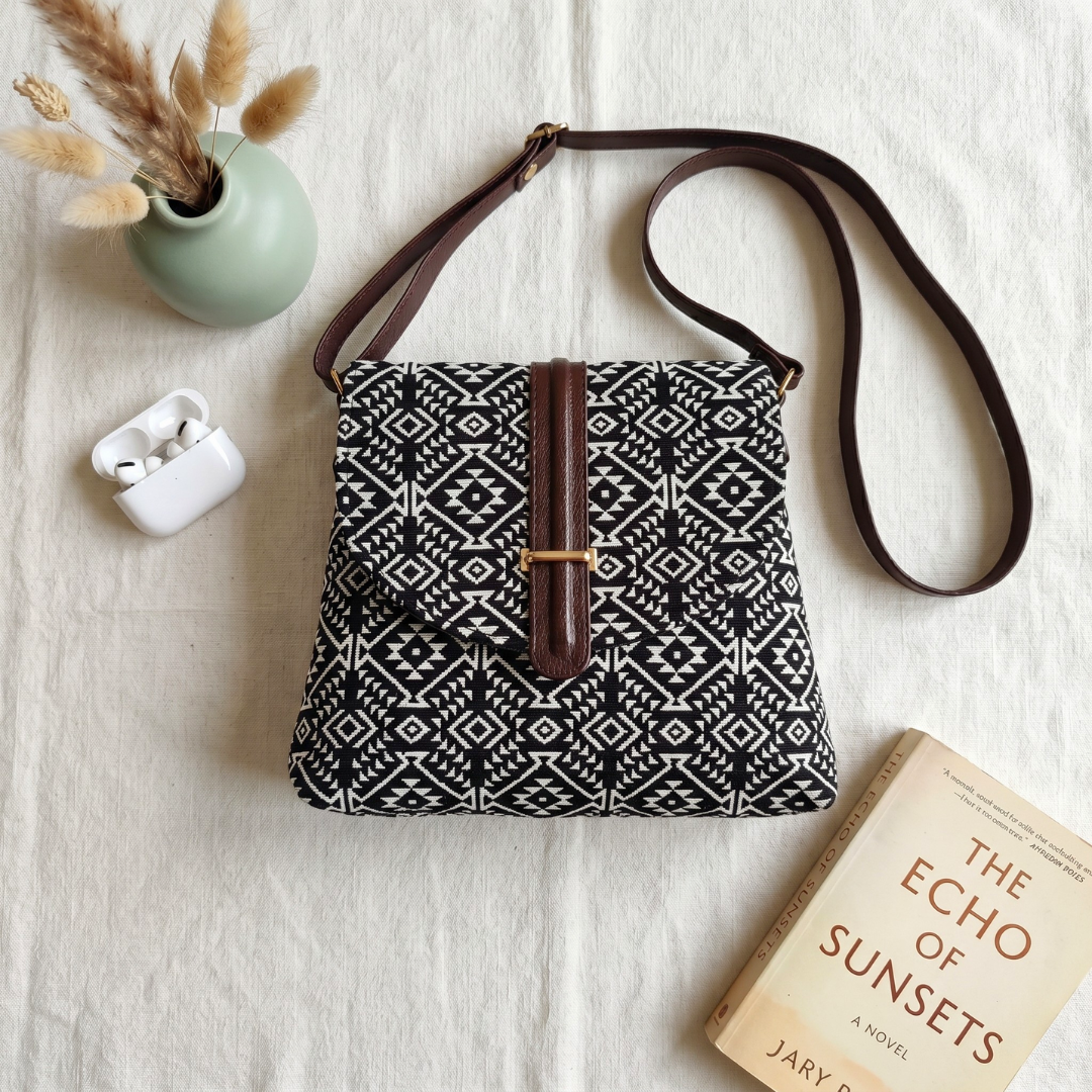 Jacquard Flap Sling Bag 2.0 - Black Weave - Surovi Bags