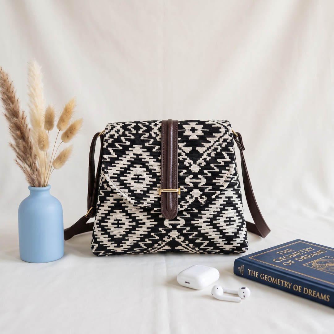 Jacquard Flap Sling Bag 2.0 -  Black and White Weave