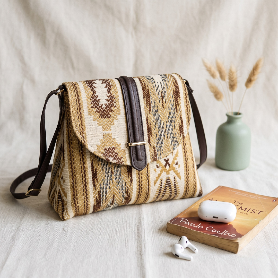 Jacquard Flap Sling Bag 2.0 - Beige Weave