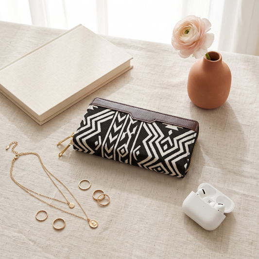Double Zip Jacquard Wallet for Secure and Organized Storage - Monocrome