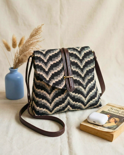Jacquard Flap Sling Bag 2.0 - Black and Grey Lehar - Surovi Bags