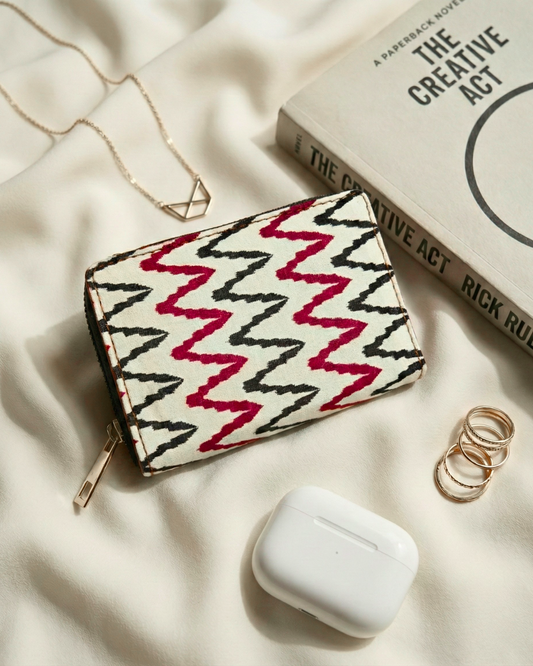 Foldable Pocket Wallet For Women - White Ikkat Weave - Surovi Bags