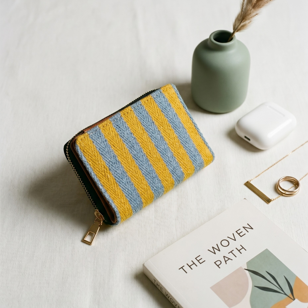Jacquard Foldable Pocket Wallet For Women - Yellow Strips - Surovi Bags