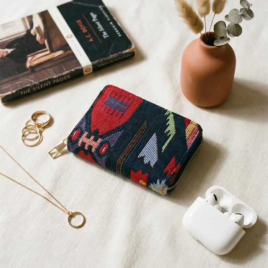 Jacquard Foldable Pocket Wallet For Women - Black Ikkat Weave