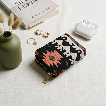 Jacquard Foldable Pocket Wallet For Women - Orange Tribal Weave