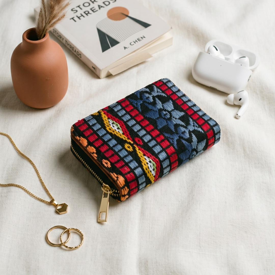 Jacquard Foldable Pocket Wallet For Women - Black Multicolor - Surovi Bags