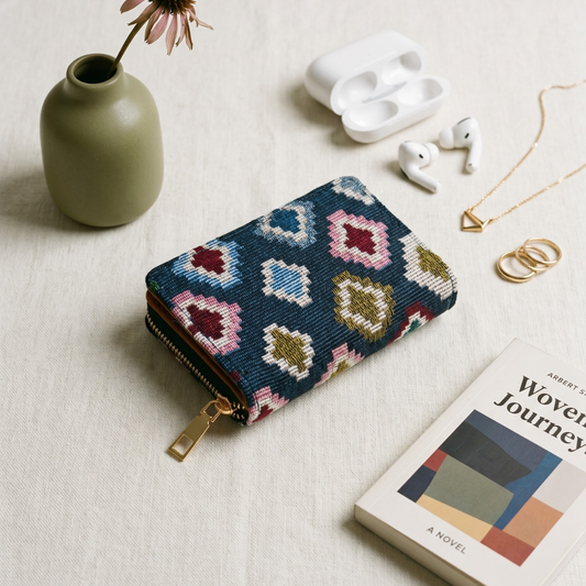 Jacquard Foldable Pocket Wallet For Women - Blue