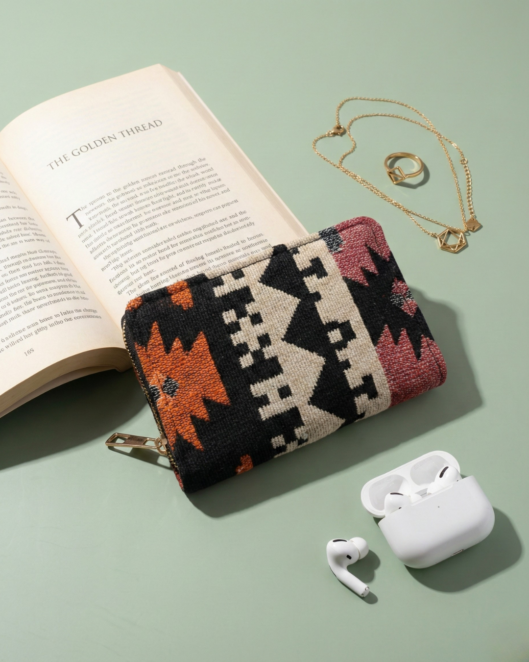 Jacquard Foldable Pocket Wallet For Women - Orange Tribal Weave - Surovi Bags