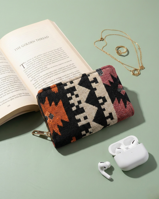 Jacquard Foldable Pocket Wallet For Women - Orange Tribal Weave - Surovi Bags
