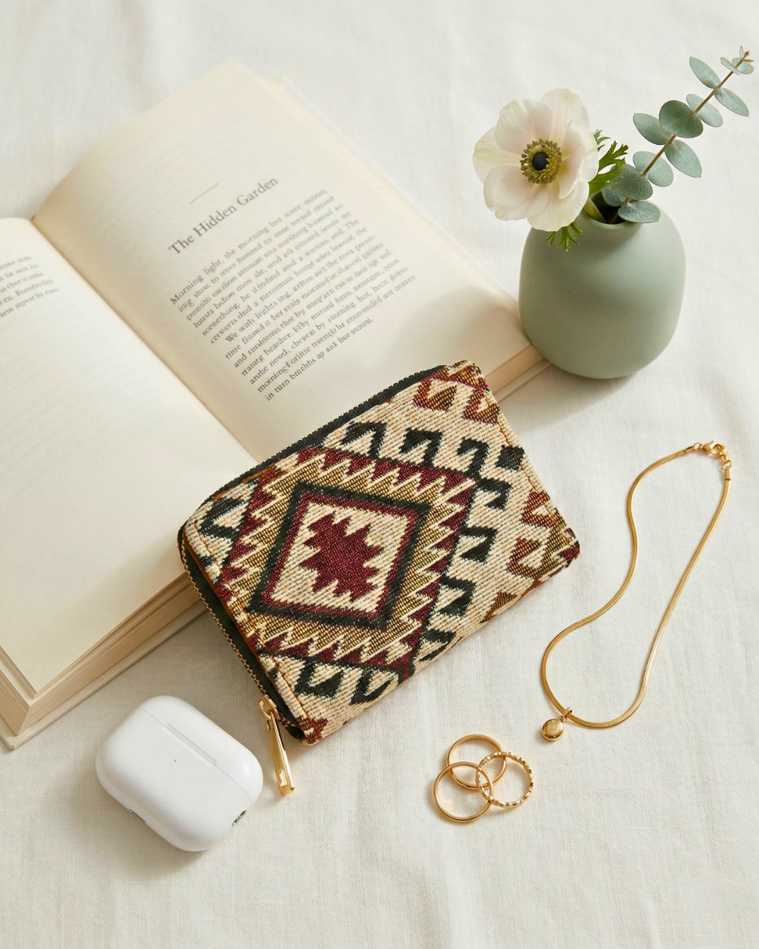 Jacquard Foldable Pocket Wallet For Women - Cream - Surovi Bags