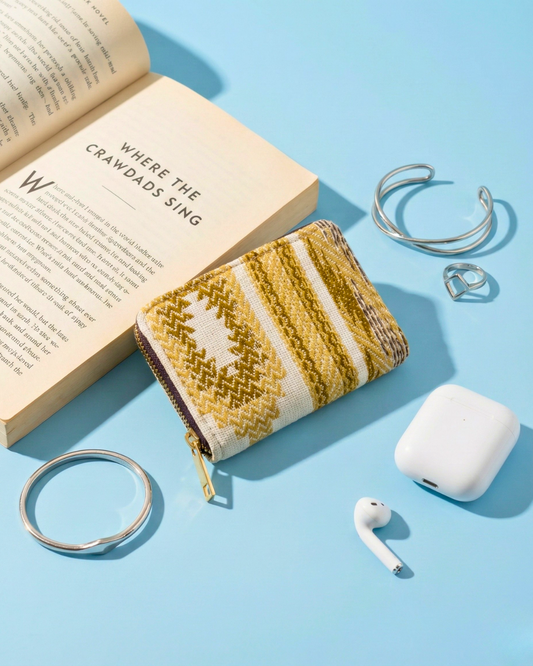 Jacquard Foldable Pocket Wallet For Women - Yellow Weave - Surovi Bags