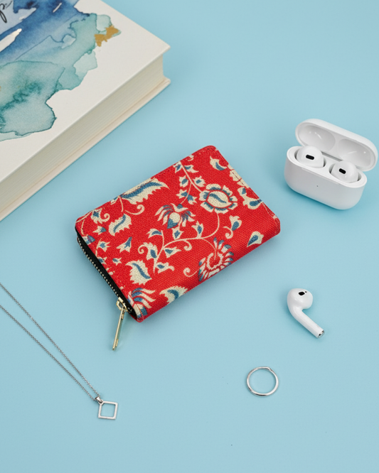 Jute Foldable Pocket Wallet For Women - Red Kalamkari